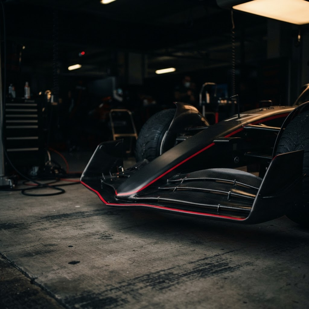 Front wing of a modern racing car parked in a dark garage